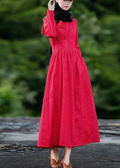 Bohemian red Jacquard clothes For Women lapel patchwork Dresses spring Dresses - bagstylebliss