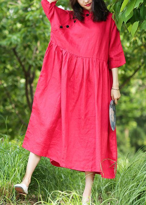 Bohemian red cotton Tunics stand collar Cinched A Line Dresses - bagstylebliss