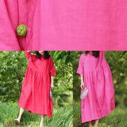 Bohemian red cotton Tunics stand collar Cinched A Line Dresses - bagstylebliss
