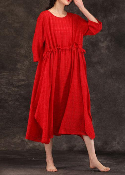 Bohemian red linen clothes For Women o neck drawstring Art summer Dress - bagstylebliss