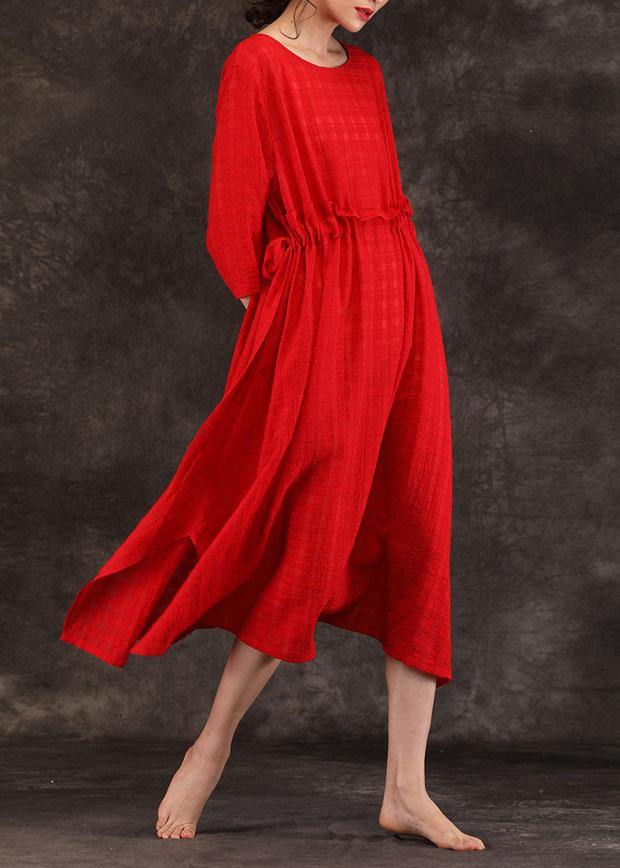 Bohemian red linen clothes For Women o neck drawstring Art summer Dress - bagstylebliss