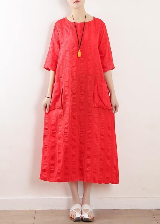 Bohemian red o neck linen clothes For Women half sleeve Kaftan summer Dress - bagstylebliss