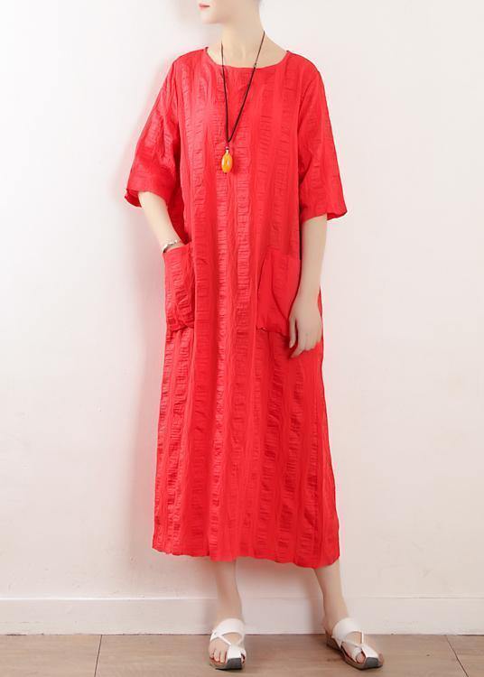 Bohemian red o neck linen clothes For Women half sleeve Kaftan summer Dress - bagstylebliss