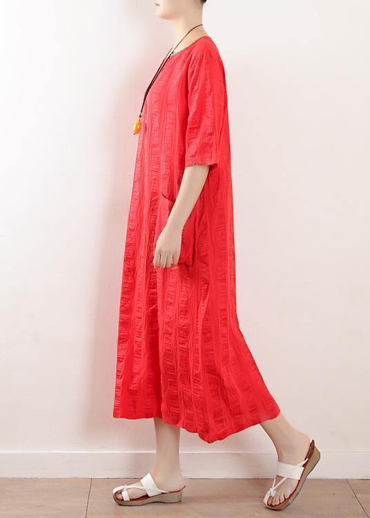 Bohemian red o neck linen clothes For Women half sleeve Kaftan summer Dress - bagstylebliss