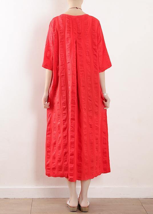 Bohemian red o neck linen clothes For Women half sleeve Kaftan summer Dress - bagstylebliss