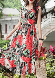 Bohemian red print cotton clothes Women sleeveless tie waist A Line summer Dresses - bagstylebliss