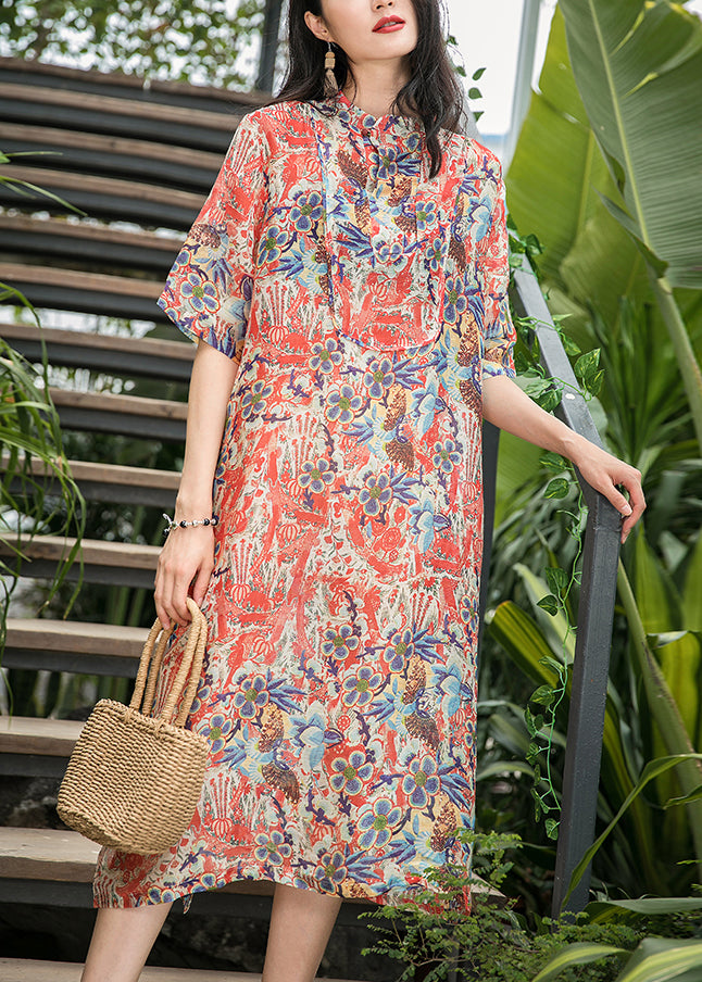 Bohemian red print silk linen clothes Work Outfits stand collar pockets A Line Summer Dress