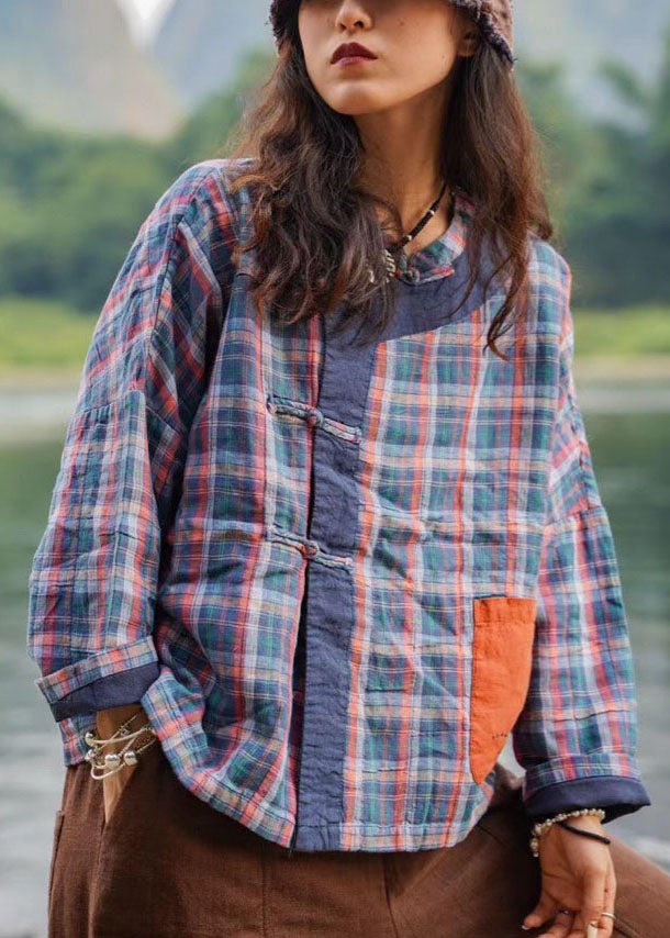 Bohemian retro Plaid Patchwork Button Pockets Fall Shirt Top