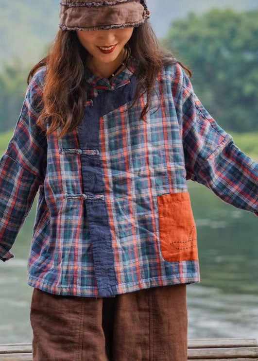 Bohemian retro Plaid Patchwork Button Pockets Fall Shirt Top