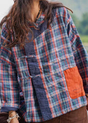 Bohemian retro Plaid Patchwork Button Pockets Fall Shirt Top