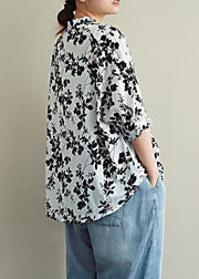 Bohemian stand collar half sleeve cotton summer clothes Fashion Ideas black print blouses - bagstylebliss