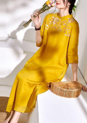 Bohemian stand collar linen clothes For Women yellow embroidery Dresses - bagstylebliss