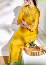 Bohemian stand collar linen clothes For Women yellow embroidery Dresses - bagstylebliss