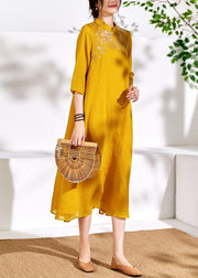 Bohemian stand collar linen clothes For Women yellow embroidery Dresses - bagstylebliss