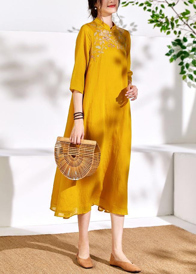 Bohemian stand collar linen clothes For Women yellow embroidery Dresses - bagstylebliss