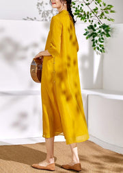 Bohemian stand collar linen clothes For Women yellow embroidery Dresses - bagstylebliss