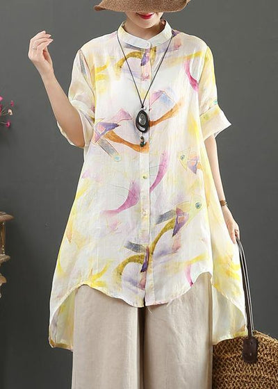 Bohemian stand collar low high design linen blouses for women design yellow print shirts - bagstylebliss