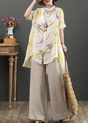 Bohemian stand collar low high design linen blouses for women design yellow print shirts - bagstylebliss