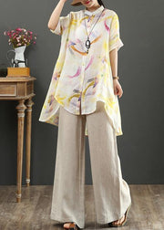 Bohemian stand collar low high design linen blouses for women design yellow print shirts - bagstylebliss