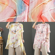 Bohemian stand collar low high design linen blouses for women design yellow print shirts - bagstylebliss