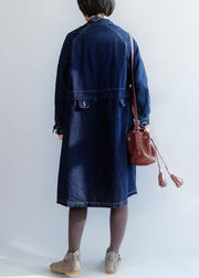Bohemian stand collar fine patchwork box coat dark blue silhouette jackets - bagstylebliss
