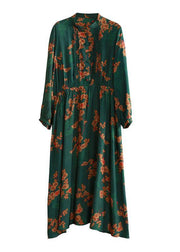 Bohemian stand collar Cinched quilting clothes Fabrics green print Kaftan Dresses - bagstylebliss