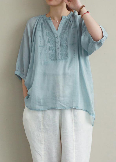 Bohemian v neck Button Down linen summer Shirts blue embroidery blouses - bagstylebliss