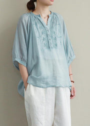 Bohemian v neck Button Down linen summer Shirts blue embroidery blouses - bagstylebliss