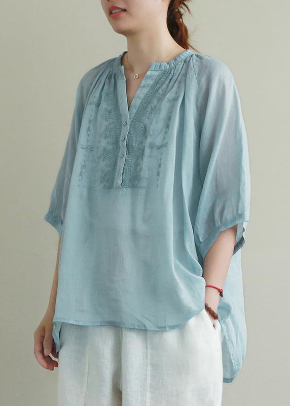 Bohemian v neck Button Down linen summer Shirts blue embroidery blouses - bagstylebliss