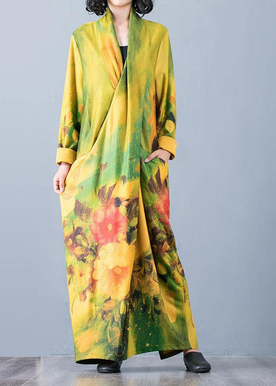 Bohemian v neck back side open cotton clothes For Women Fabrics yellow print Art Dresses fall - bagstylebliss