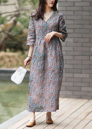 Bohemian v neck half sleeve linen summer Wardrobes blue print Dresses - bagstylebliss