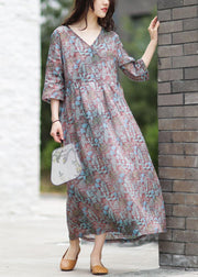 Bohemian v neck half sleeve linen summer Wardrobes blue print Dresses - bagstylebliss