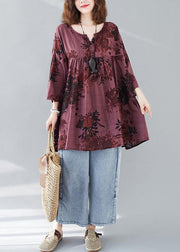 Bohemian v neck linen cotton summerclothes red prints Dresses shirts - bagstylebliss
