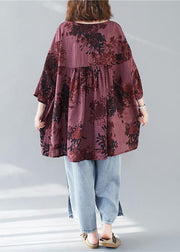 Bohemian v neck linen cotton summerclothes red prints Dresses shirts - bagstylebliss