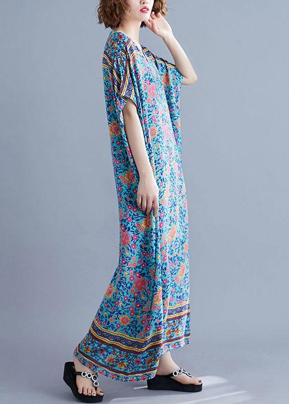 Bohemian v neck pockets cotton summer tunic pattern Photography blue print long Dress - bagstylebliss