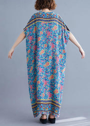 Bohemian v neck pockets cotton summer tunic pattern Photography blue print long Dress - bagstylebliss