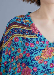 Bohemian v neck pockets cotton summer tunic pattern Photography blue print long Dress - bagstylebliss