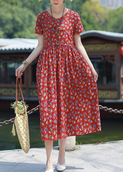 Beautiful Summer Dress v neck pockets linen outfit red print Dresses - bagstylebliss