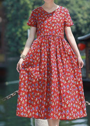 Bohemian v neck pockets linen outfit red print Dresses summer - bagstylebliss