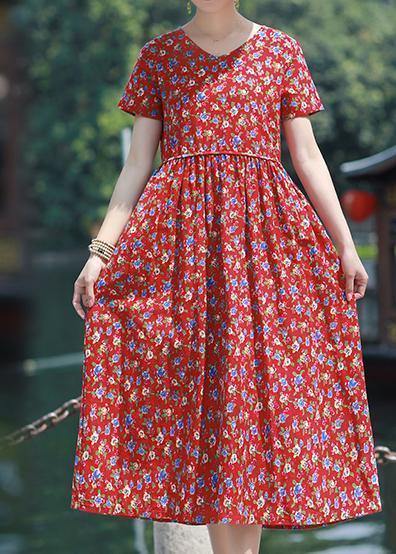 Bohemian v neck pockets linen outfit red print Dresses summer - bagstylebliss
