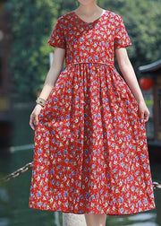 Beautiful Summer Dress v neck pockets linen outfit red print Dresses - bagstylebliss