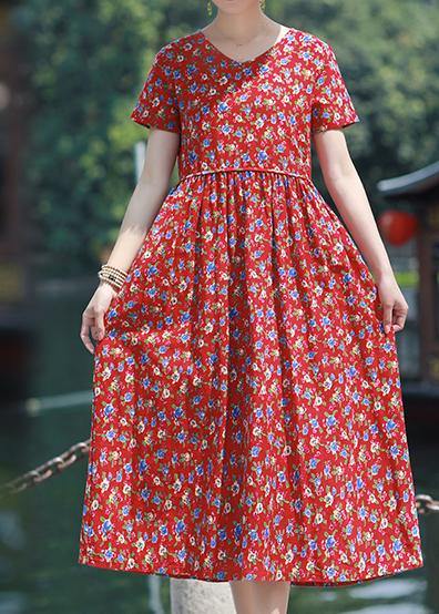 Beautiful Summer Dress v neck pockets linen outfit red print Dresses - bagstylebliss