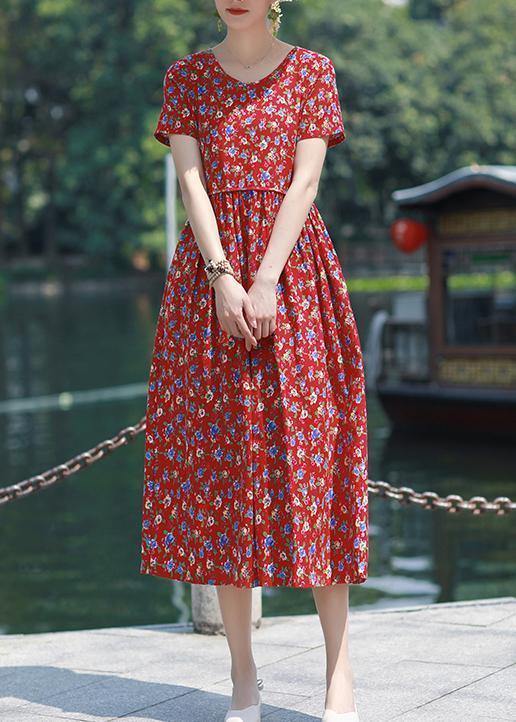 Bohemian v neck pockets linen outfit red print Dresses summer - bagstylebliss