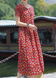 Beautiful Summer Dress v neck pockets linen outfit red print Dresses - bagstylebliss