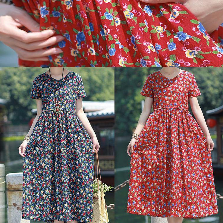 Beautiful Summer Dress v neck pockets linen outfit red print Dresses - bagstylebliss