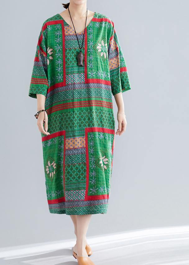 Bohemian v neck side open cotton Women pattern green print Maxi Dresses summer - bagstylebliss
