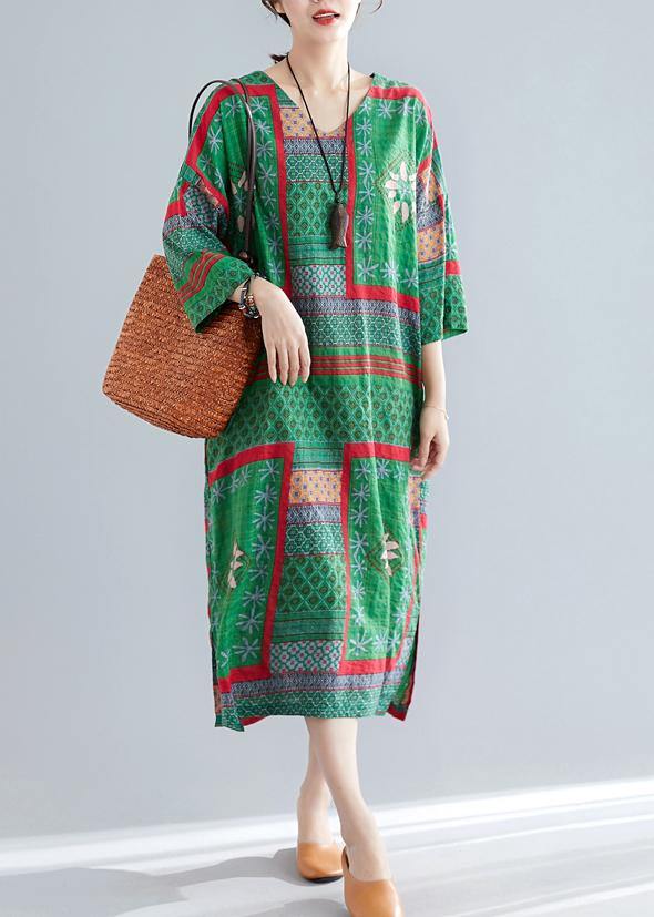 Bohemian v neck side open cotton Women pattern green print Maxi Dresses summer - bagstylebliss