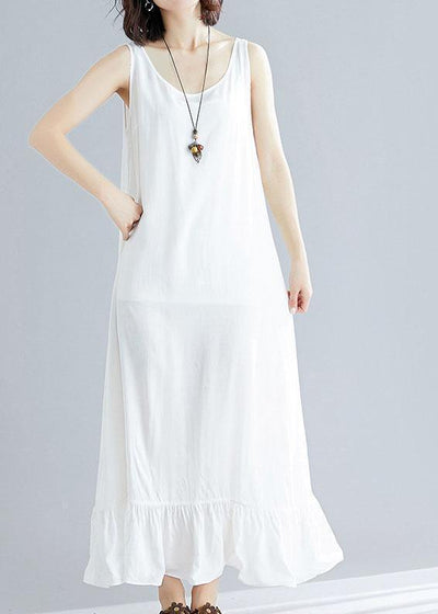 Bohemian white cotton dresses sleeveless cotton robes summer Dress - bagstylebliss