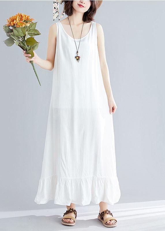 Bohemian white cotton dresses sleeveless cotton robes summer Dress - bagstylebliss