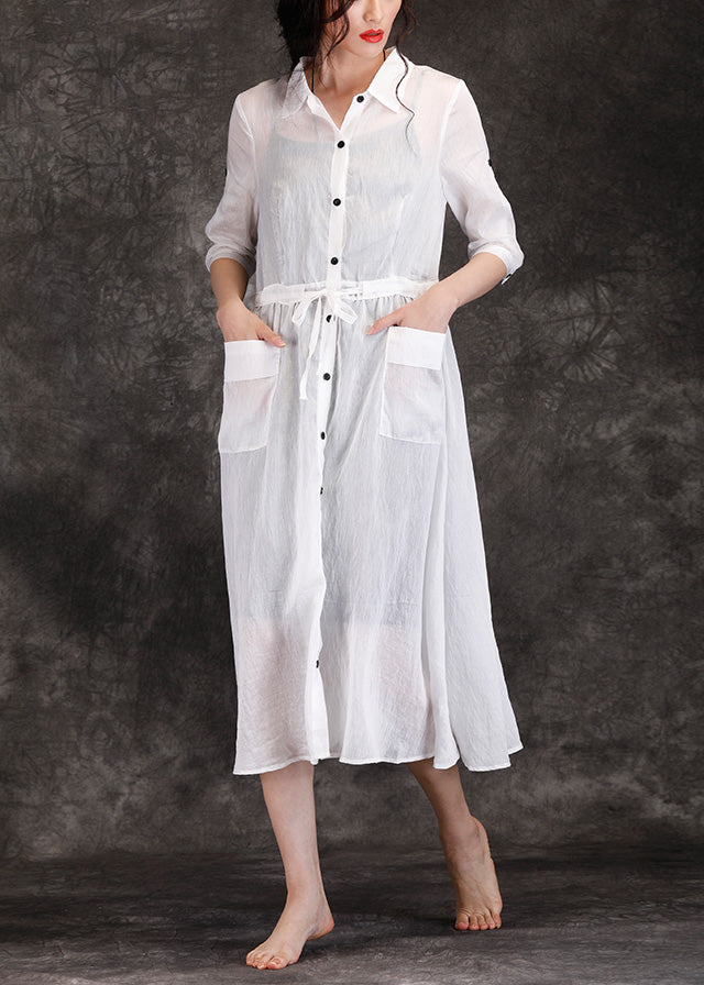 Bohemian white linen clothes For Women boutique Outfits lapel pockets Robe Summer Dresses